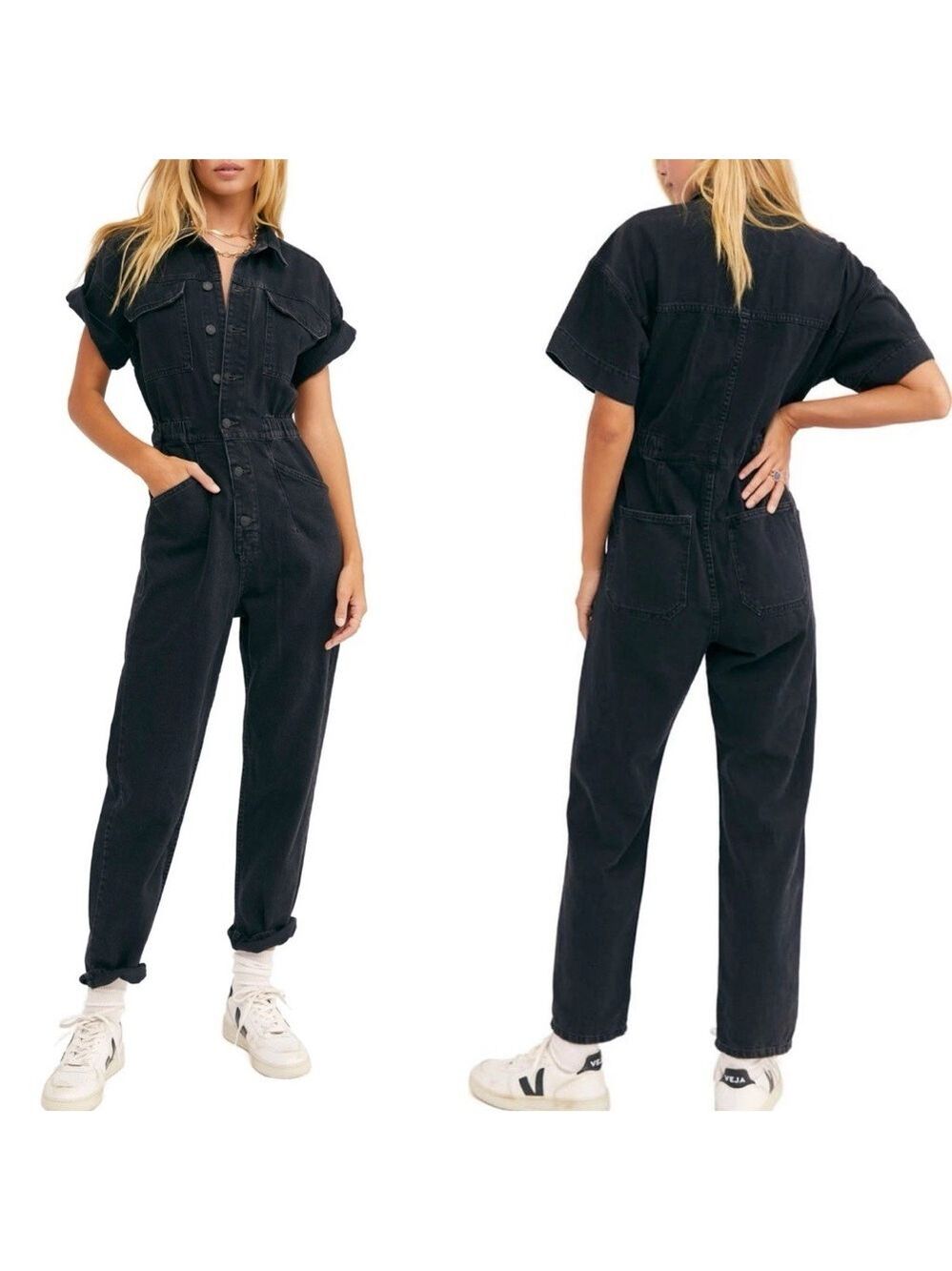 Free People We The Free Marci Black Denim Utility Coveralls Jumpsuit Size XS